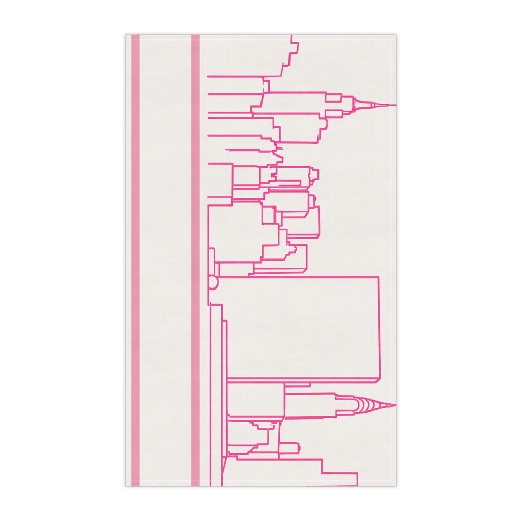 NYC Manhattan Skyline Pink Tea Towel — Minimal Pink & White New York City Skyline Kitchen Linen