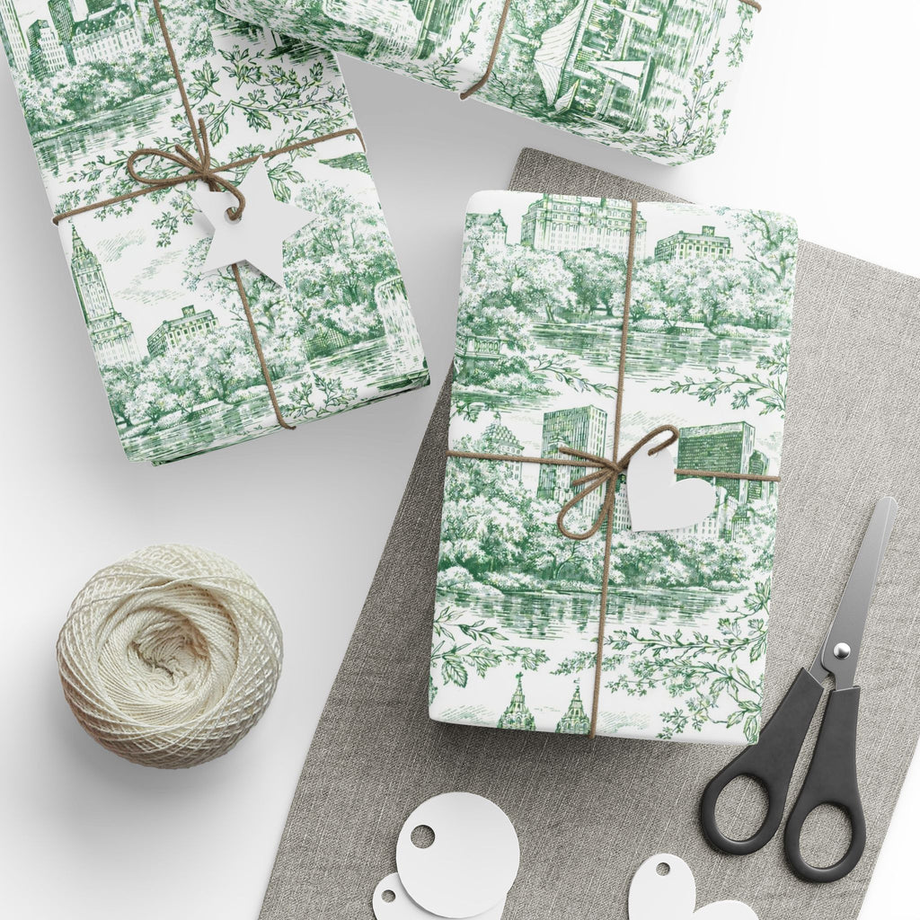 Central Park Green Toile NYC Wrapping Paper | New York City Scenic Toile Pattern Roll