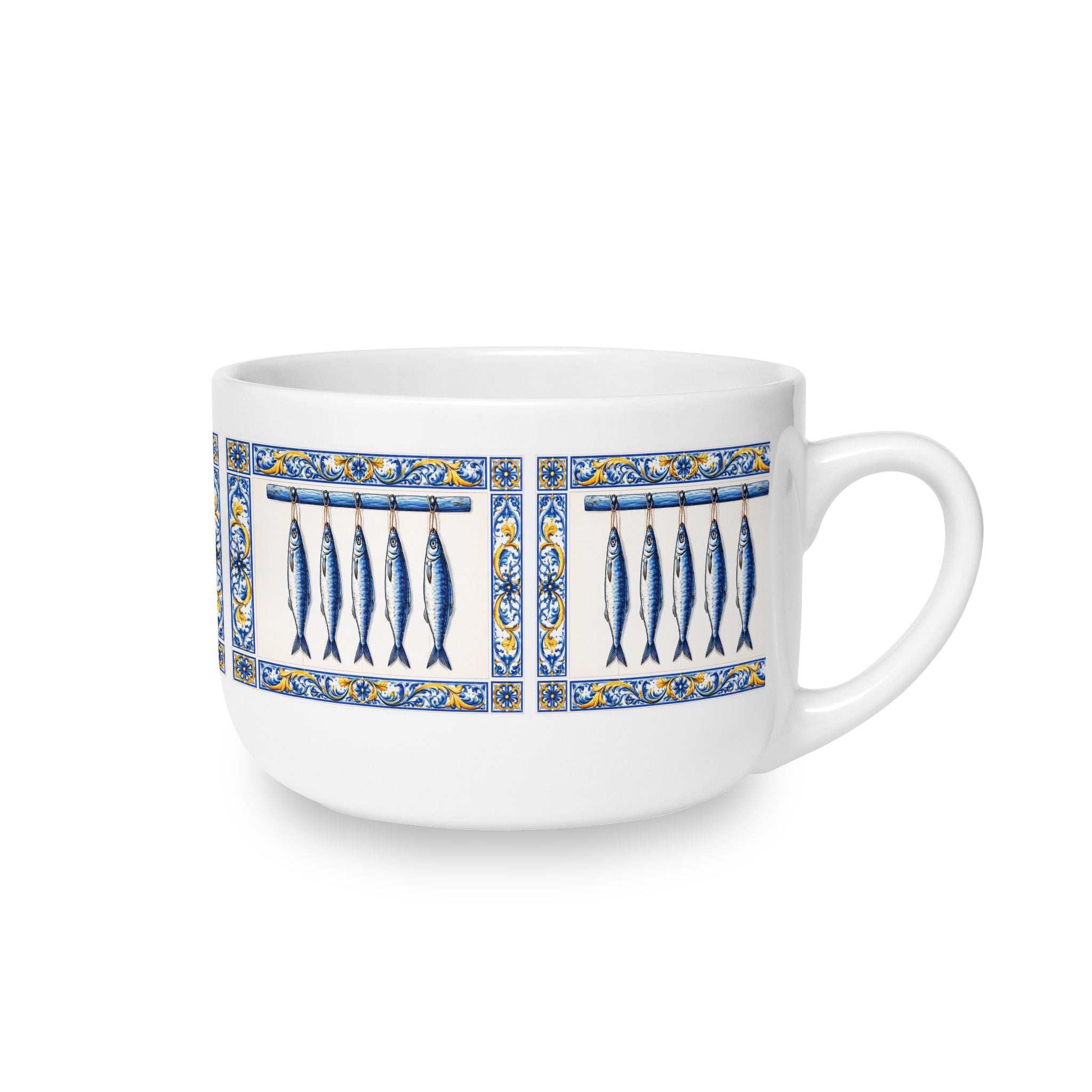East Hampton Azulejos-style Blue and Yellow Fish Tile Bowl  25oz Ceramic Soup Bowl