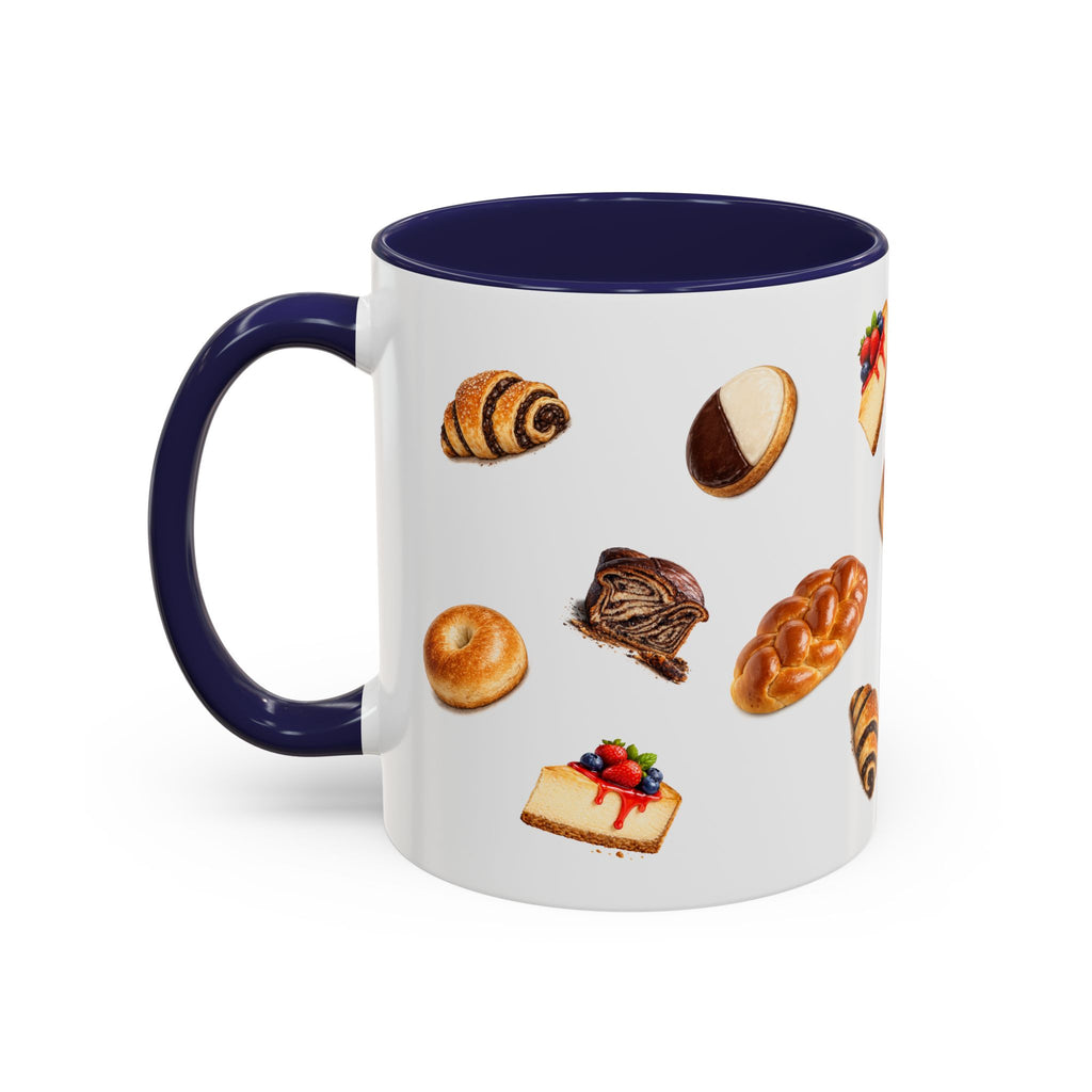NYC Kosher Bakery Pattern Mug | Babka Cheesecake Rugelach Black + White Cookie Challah Bagel 11oz Ceramic Coffee Cup