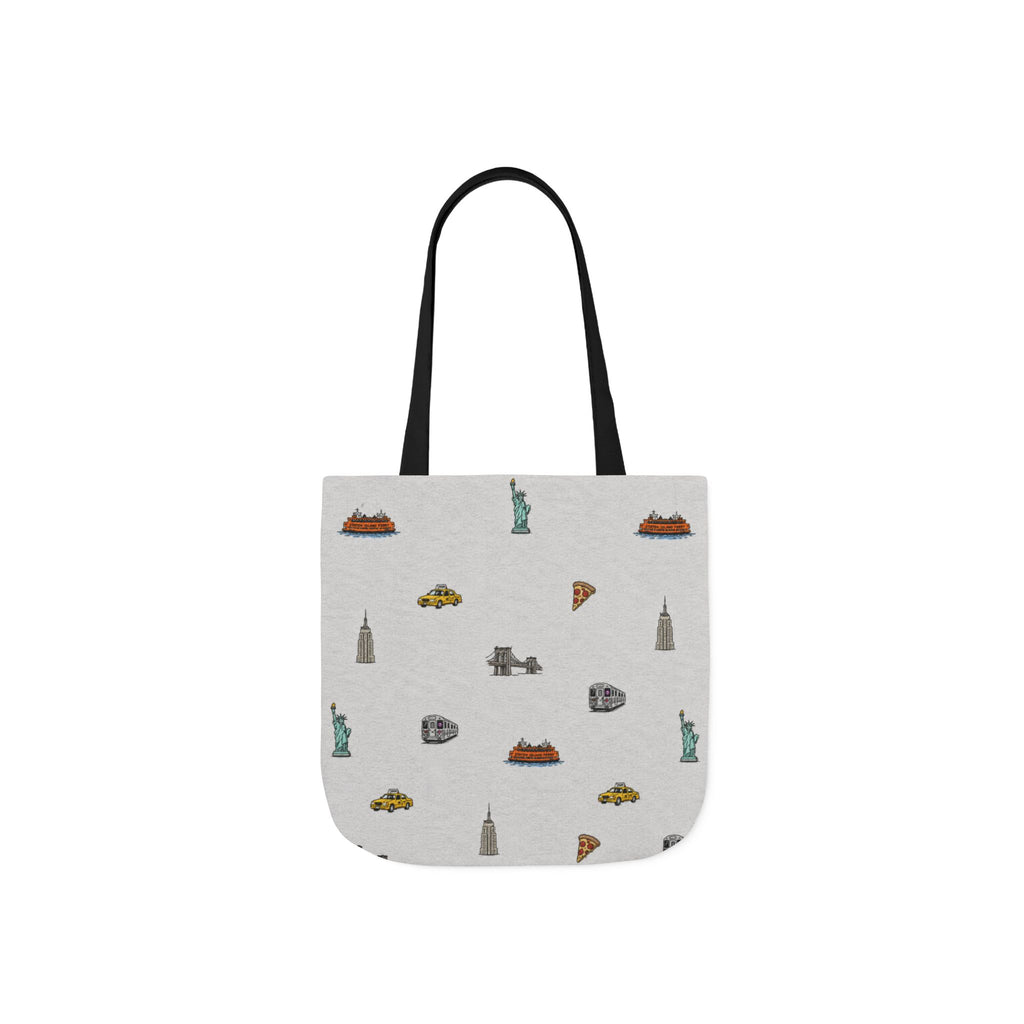 Icons of New York Heather Gray Canvas Tote — Statue of Liberty, Pizza & Taxi Pattern