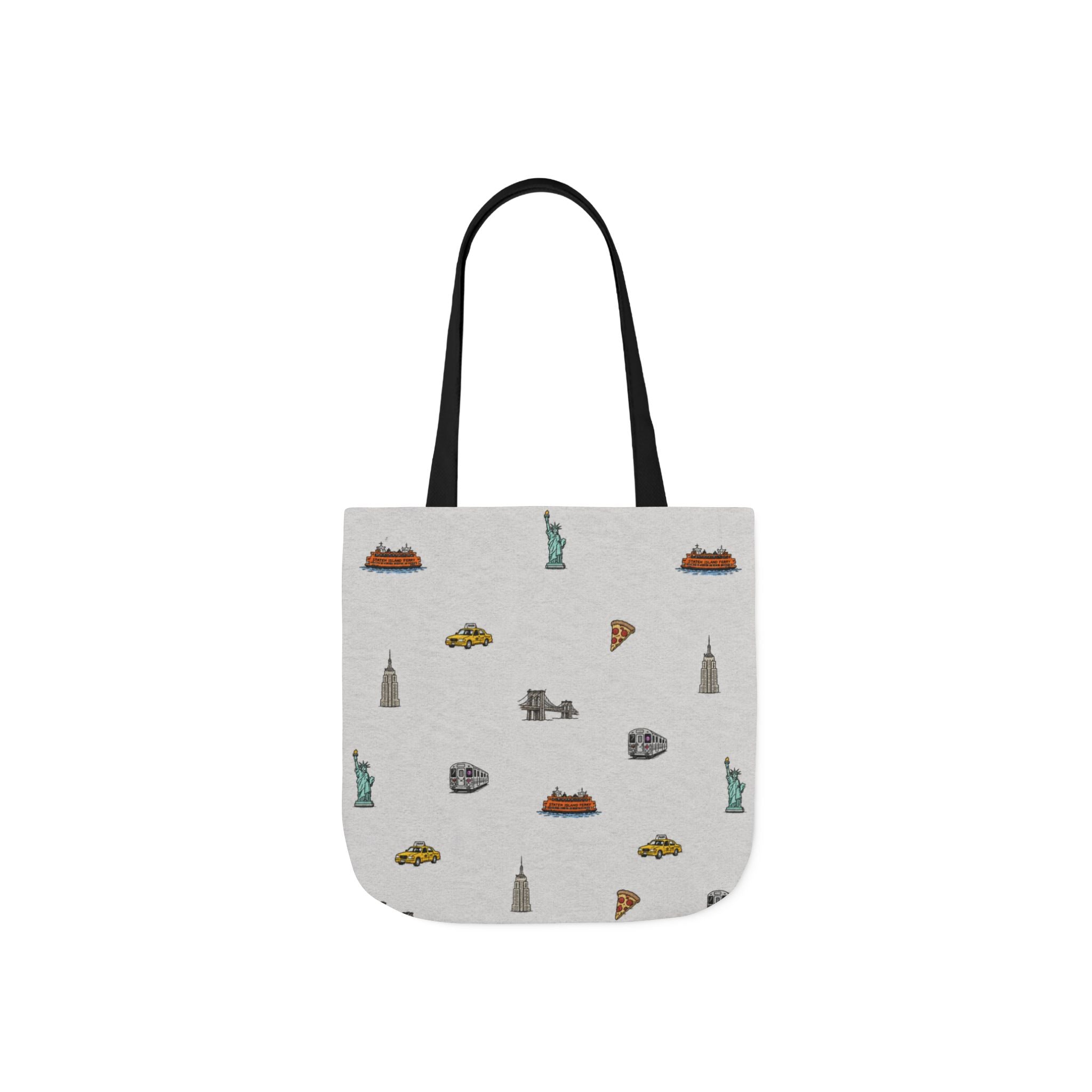 Icons of New York Heather Gray Canvas Tote — Statue of Liberty, Pizza & Taxi Pattern