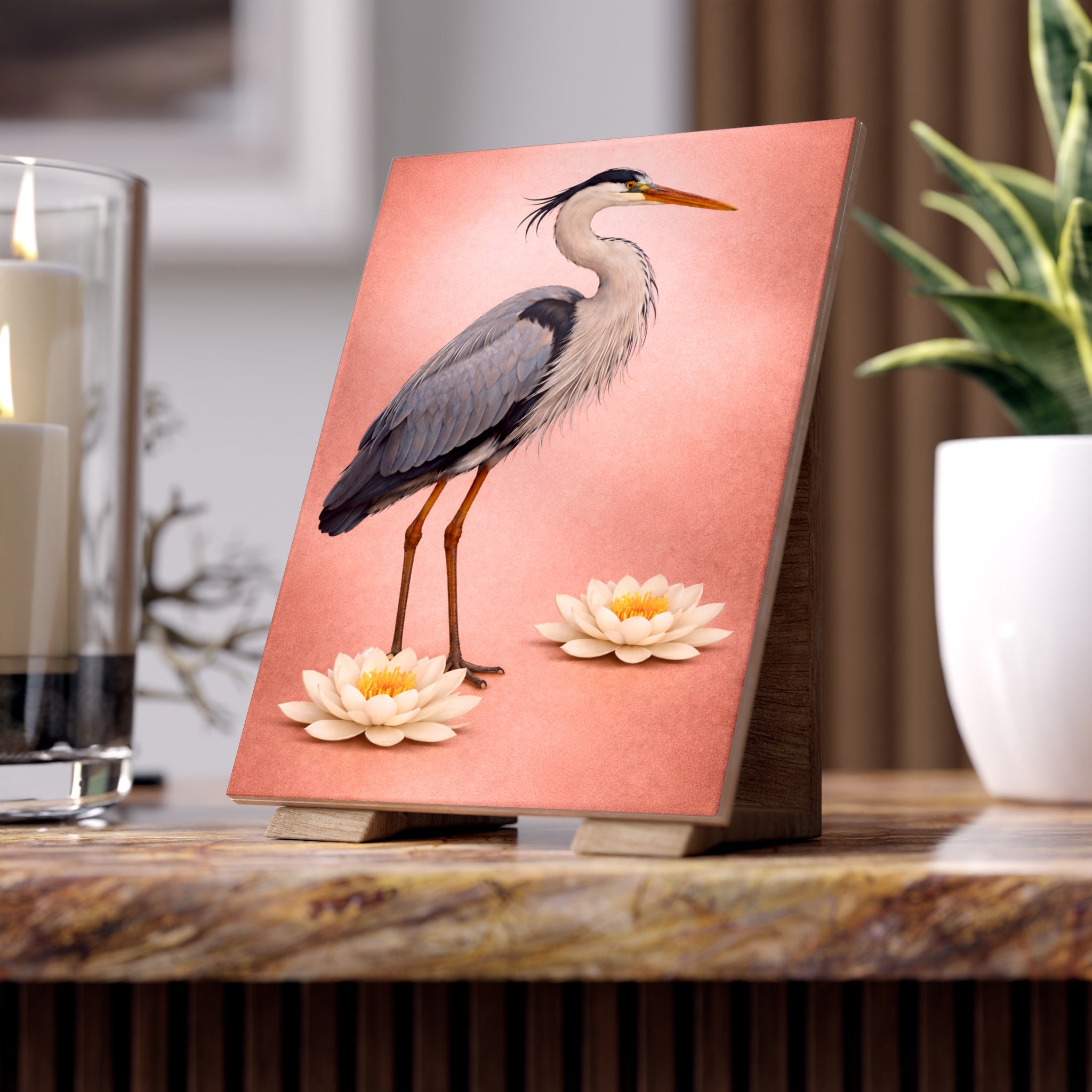 Staten Island Art Deco Blue Heron on Rose Gold Ceramic Shower Tile - Coastal Ceramic Bath Tile