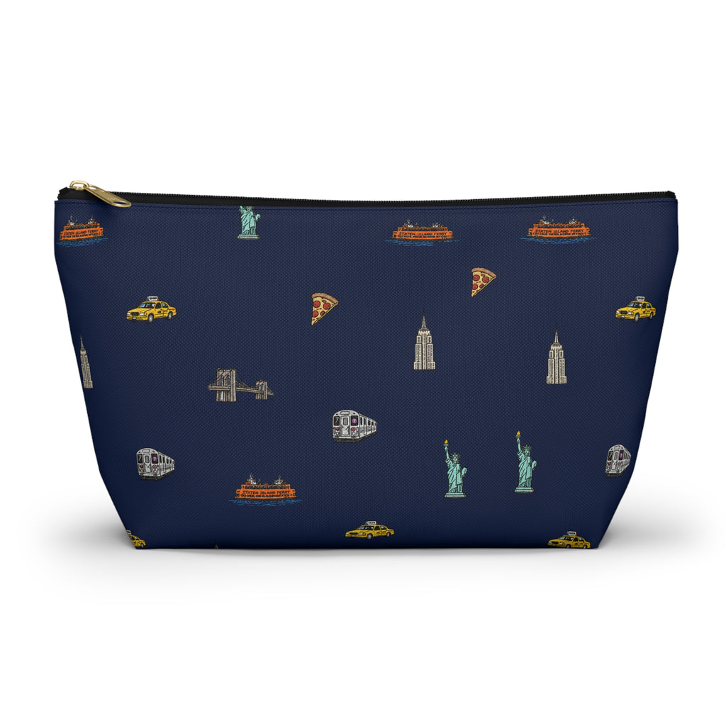 Icons of New York City Large Navy Blue Accessory Pouch — T-Bottom Makeup Bag with Statue of Liberty, Taxi & Pizza Pattern