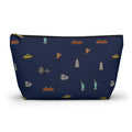 Icons of New York City Large Navy Blue Accessory Pouch — T-Bottom Makeup Bag with Statue of Liberty, Taxi & Pizza Pattern