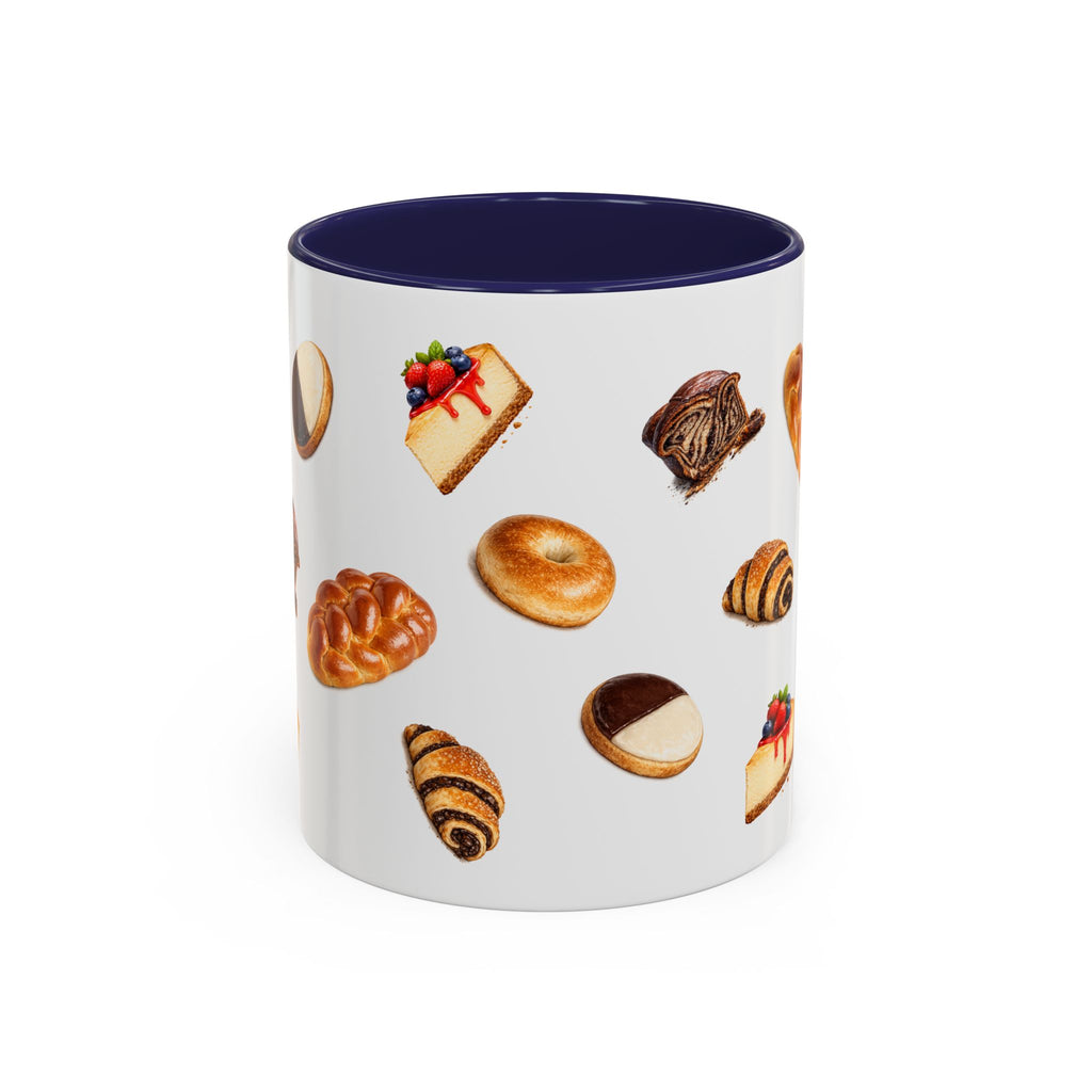 NYC Kosher Bakery Pattern Mug | Babka Cheesecake Rugelach Black + White Cookie Challah Bagel 11oz Ceramic Coffee Cup