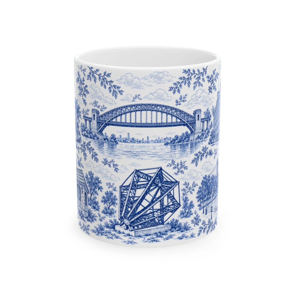 Astoria Blue Toile Cityscape Ceramic Mug — 11oz Decorative Coffee Cup