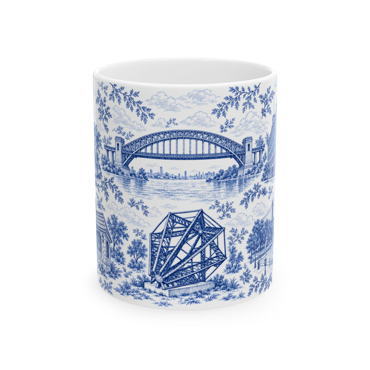Astoria Blue Toile Cityscape Ceramic Mug — 11oz Decorative Coffee Cup