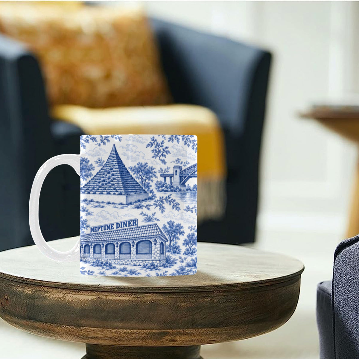Astoria Blue Toile de Jouy Mug | Queens Chinoiserie Ceramic Coffee Cup Custom White Mug (11oz)