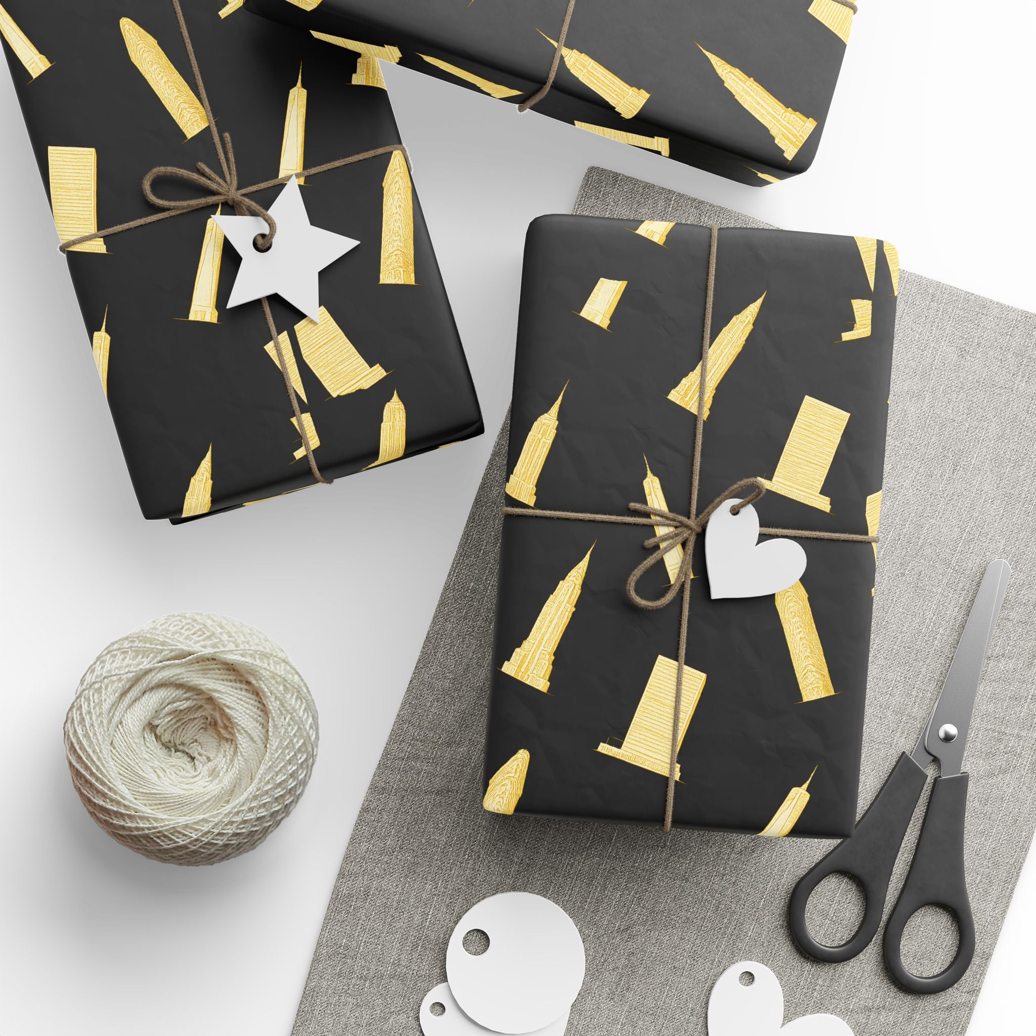 NYC Architecture Gold on Black Pattern Gift Wrap Paper | Iconic New York Buildings Empire State Chrysler Flatiron Wrapping Paper