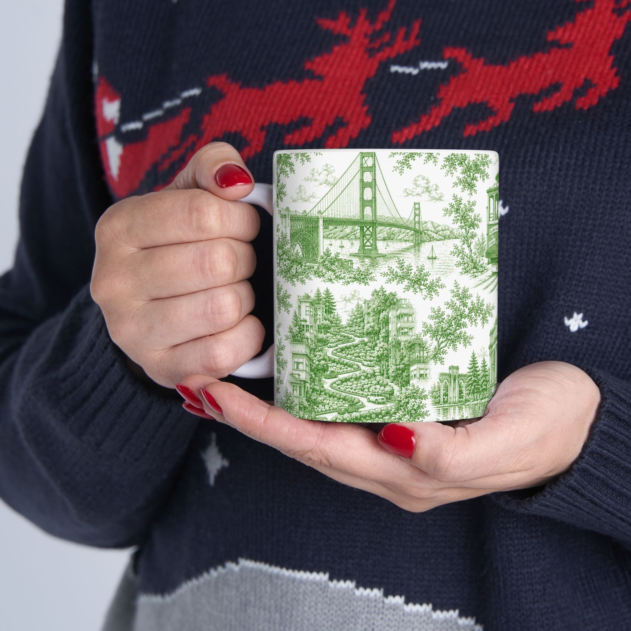 San Francisco Green Toile de Jouy Ceramic Mug — Vintage Cable Car & Palace of Fine Arts Design (11oz)