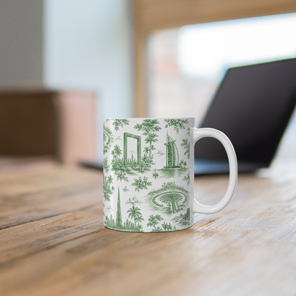 Dubai Green Toile de Jouy Ceramic Mug -  Coffee Cup (11oz; Ships from Europe)