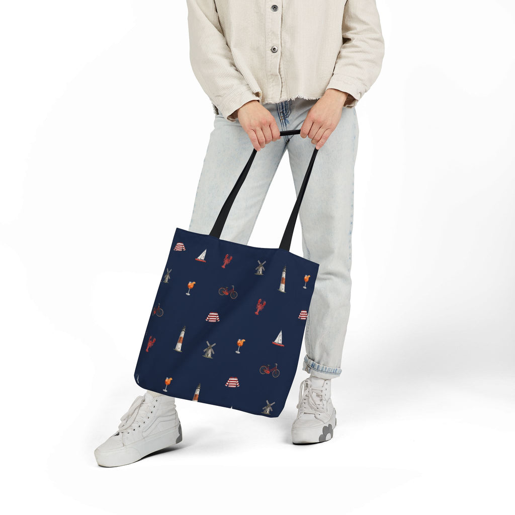 Icons of The Hamptons Blue Canvas Tote — Lighthouse, Windmill, Lobster, Sailboat print