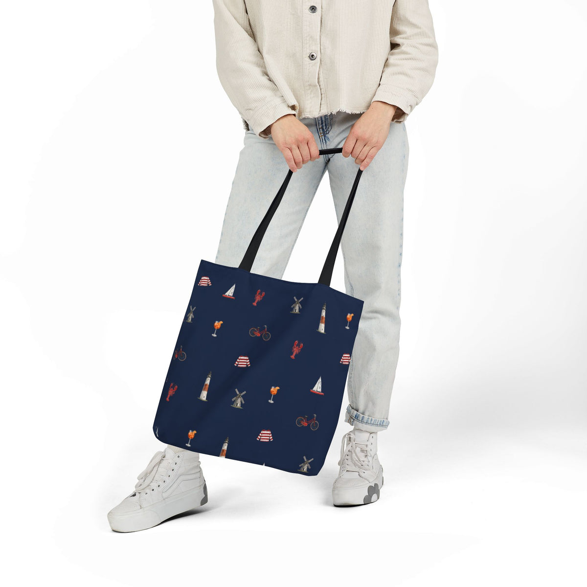 Icons of The Hamptons Blue Canvas Tote — Lighthouse, Windmill, Lobster, Sailboat print