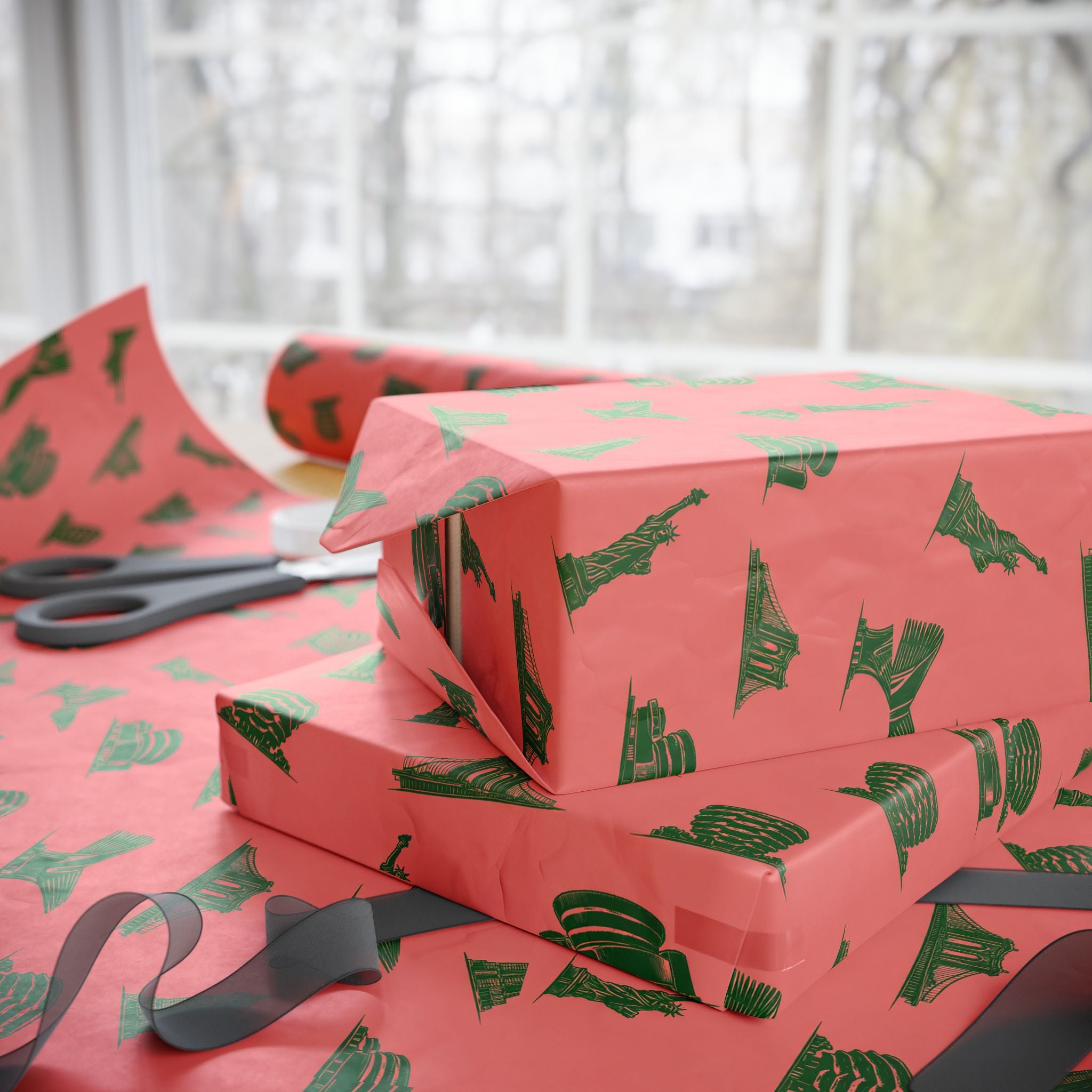 NYC Landmarks on Pink Gift Wrap Paper | New York Statue of Liberty Oculus Vessel Brooklyn Bridge Guggenheim Wrapping Paper Roll