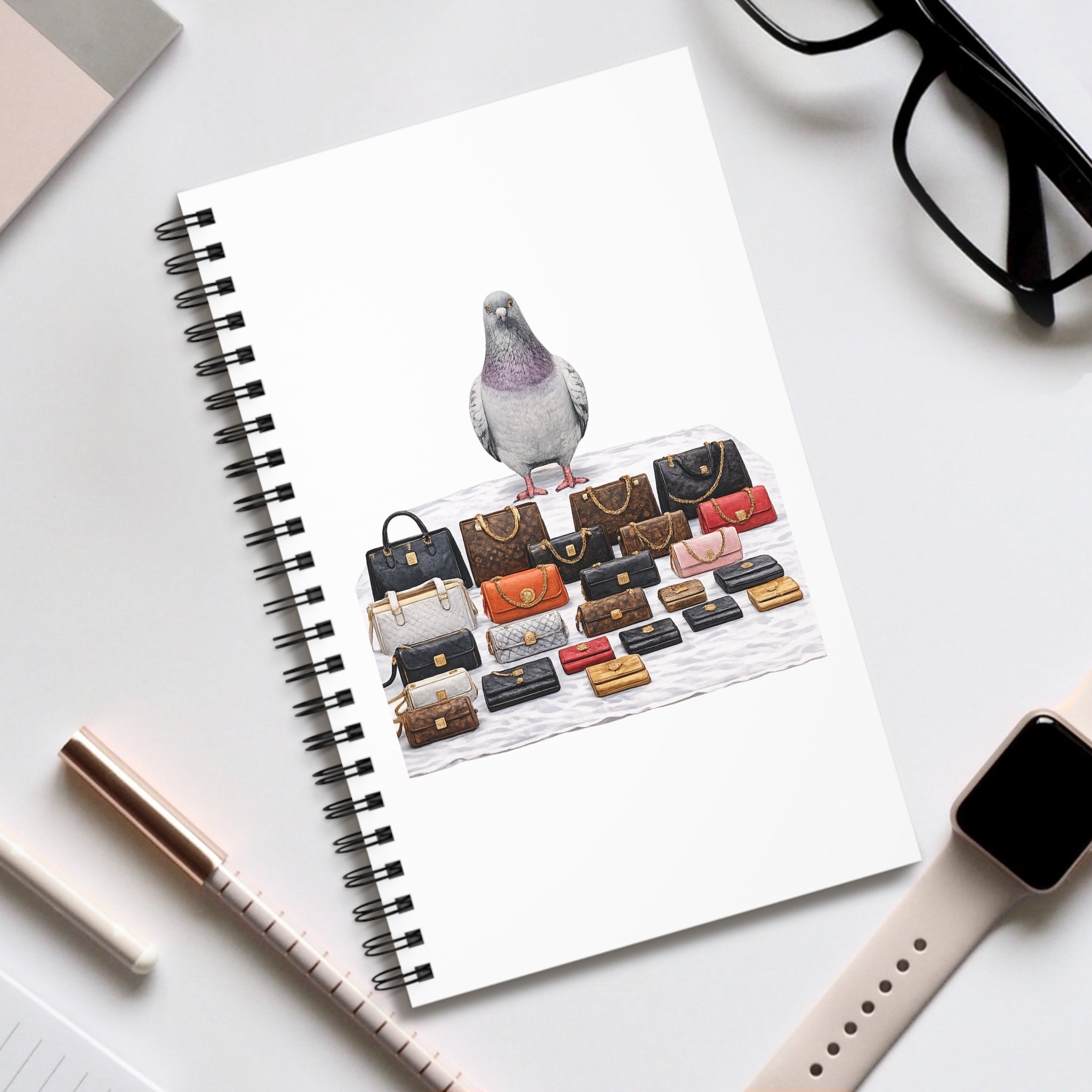Customizable Canal Street Pigeon Spiral Journal |  Bootleg Luxury Handbags Bird Lovers Notebook