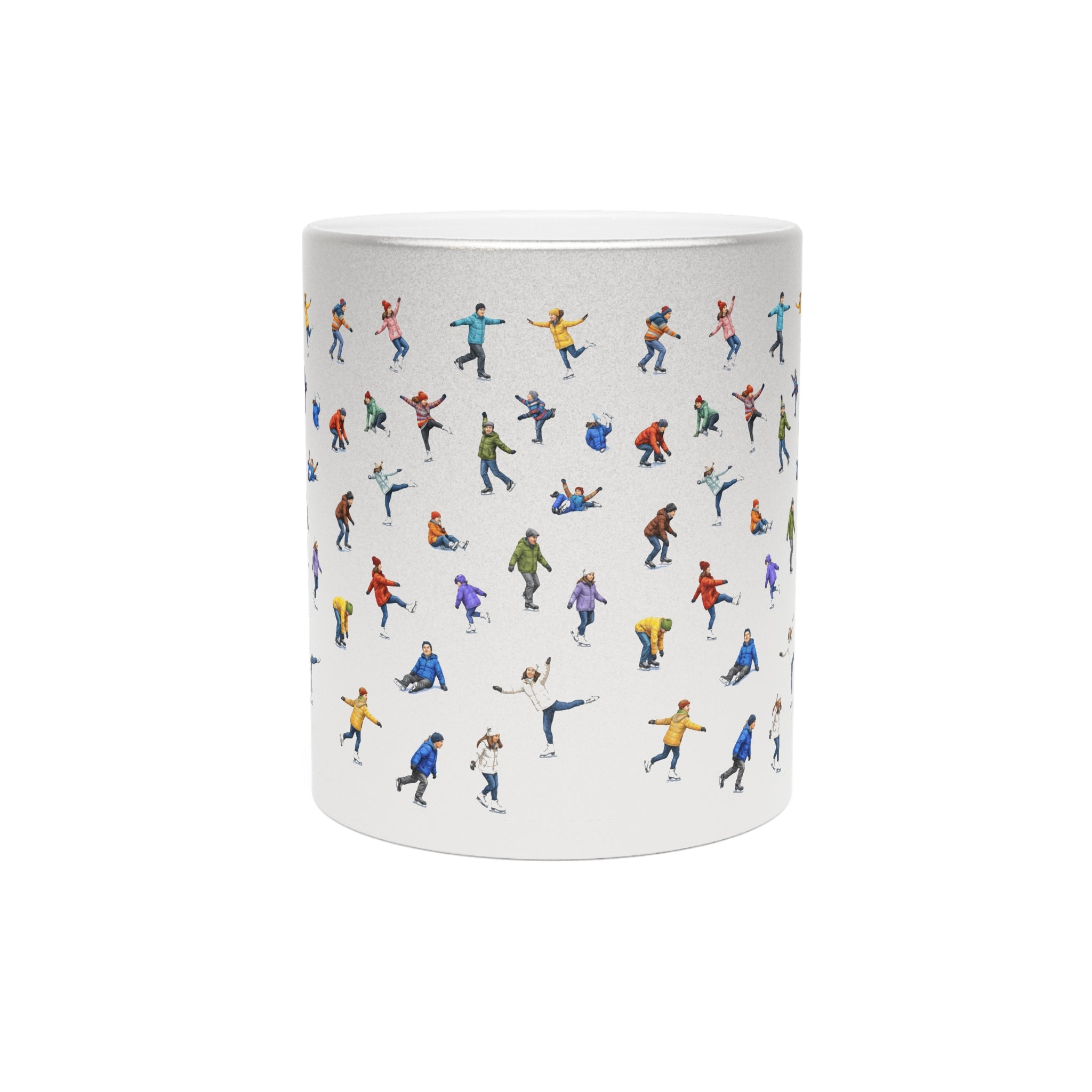 Ice Skaters on Ice Silver Metallic Mug | Winter Wonderland Hot Chocolate Coffee Sparkle Mug