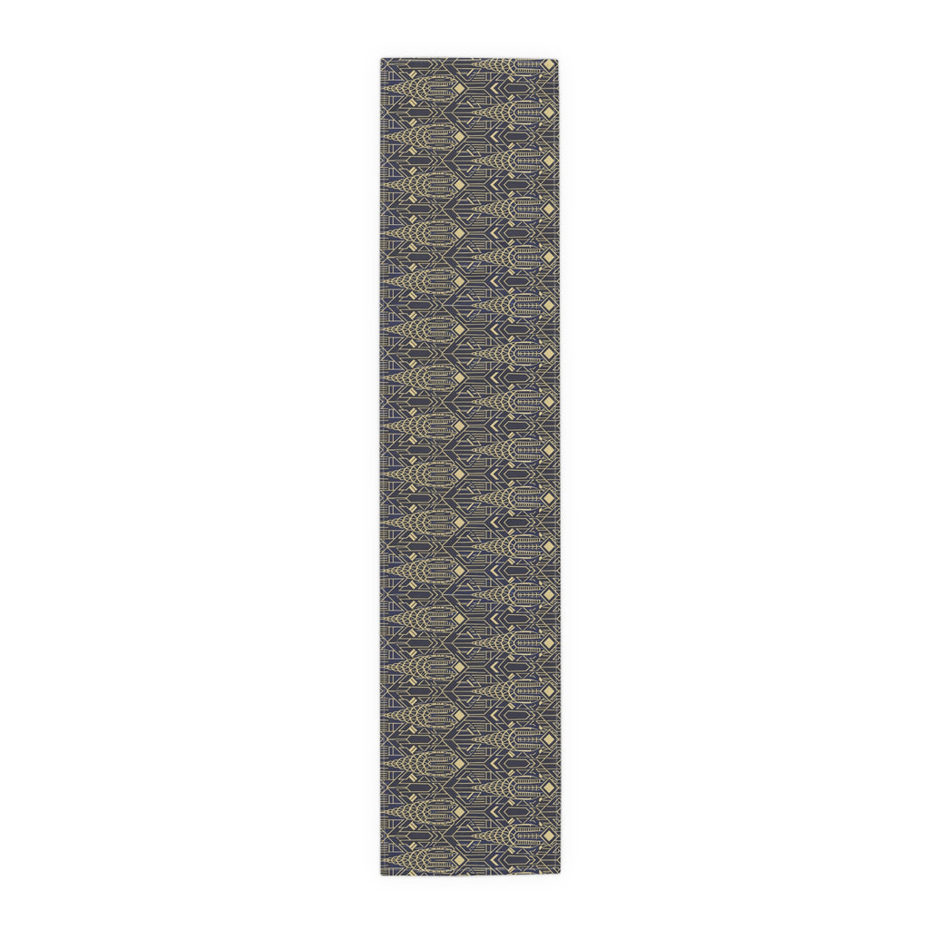 Art Deco Chrysler Building Navy & Gold Table Runner — NYC Elegant Geometric Tabletop Dining Decor