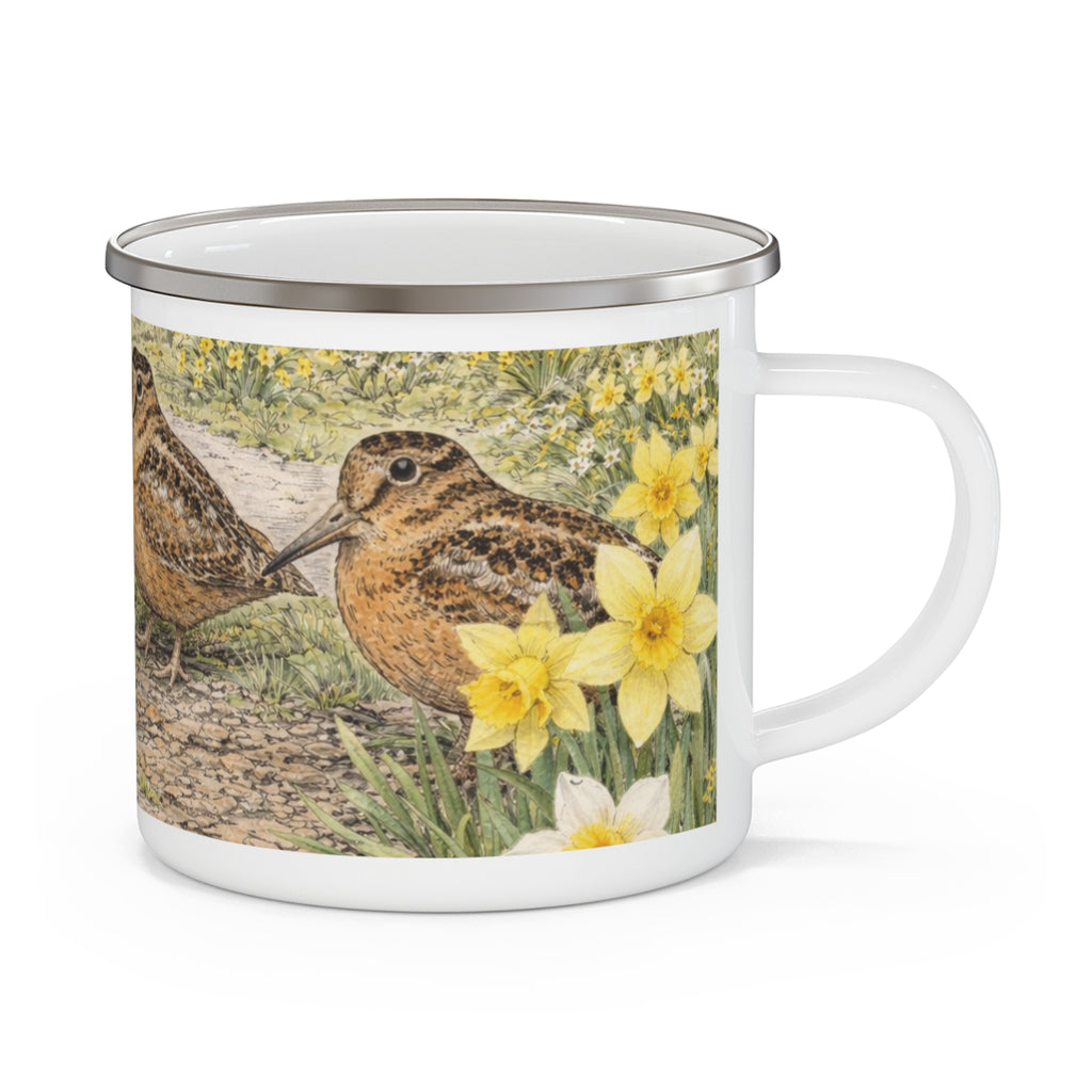Bryant Park American Woodcock Springtime Enamel Camping Mug — Woodcock Bird Illustration, Rustic Outdoor Campgrounds Coffee Cup