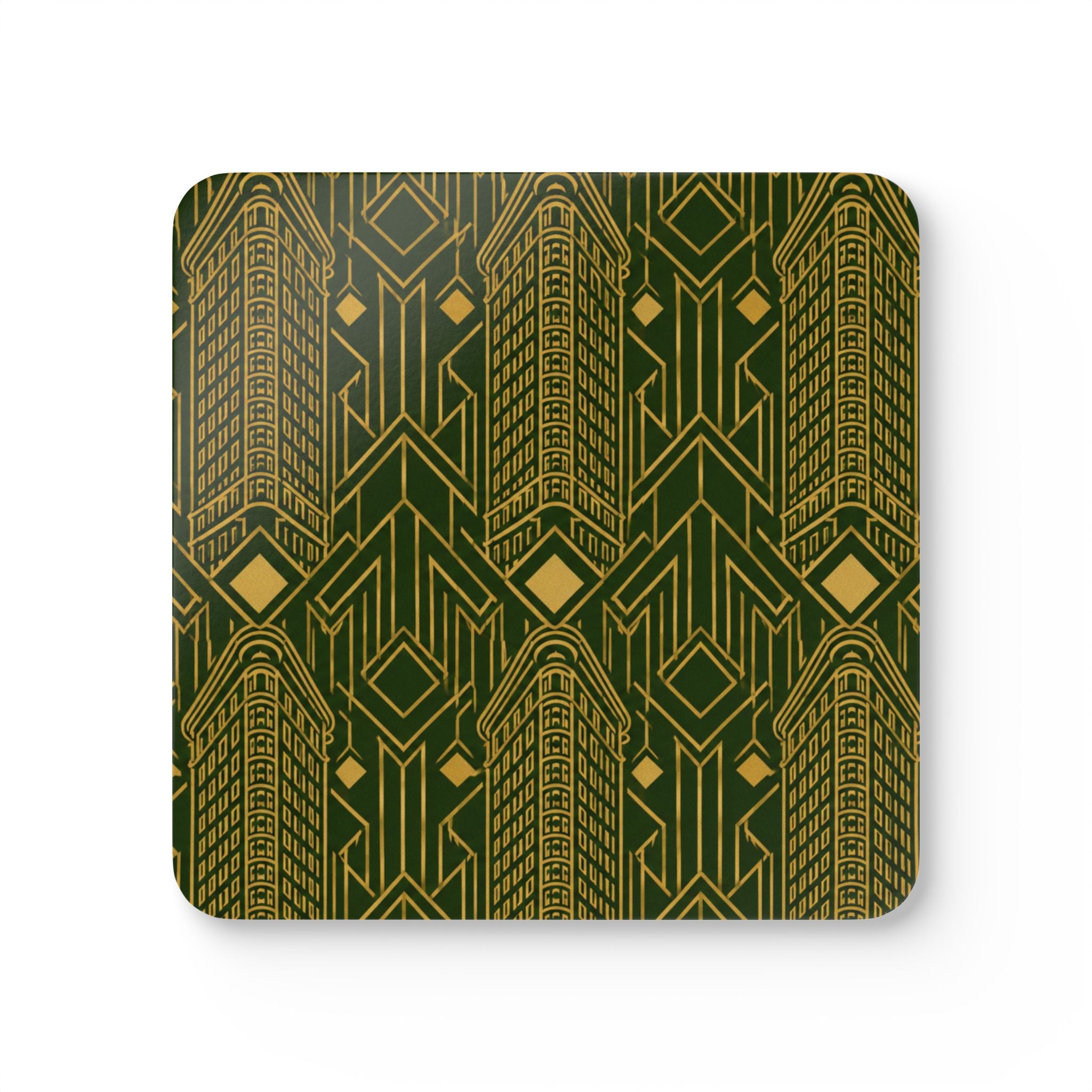 Art Deco Flatiron Building Gold & Green Cork Coaster Set — Geometric Cocktail Coasters Set of 4