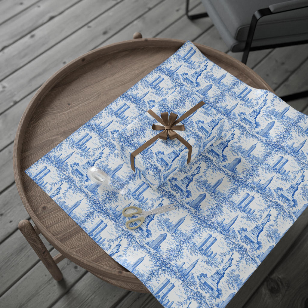 Manhattan NYC Blue Toile Gift Wrapping Papers   Chinoiserie New York City Gift Wrap Empire State Building Twin Towers Statue of Liberty