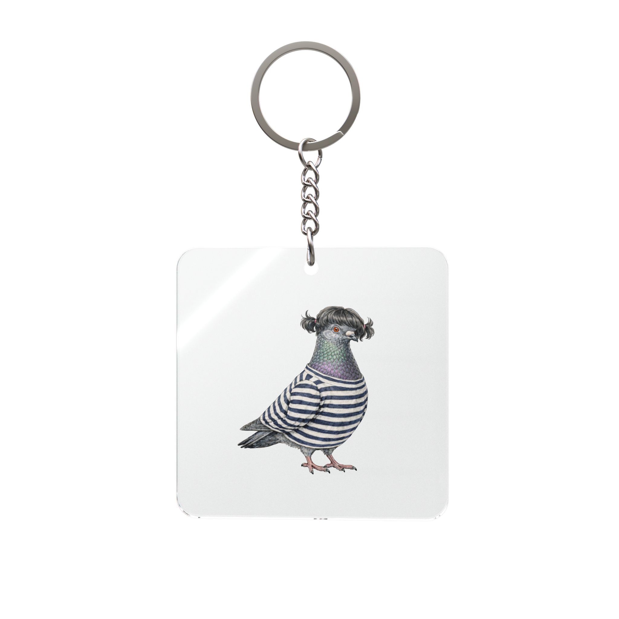 Customizable Williamsburg NYC Pigeon Square Keychain | Brooklyn Mona Lisa Hipster Bird Lovers Keyring Gift