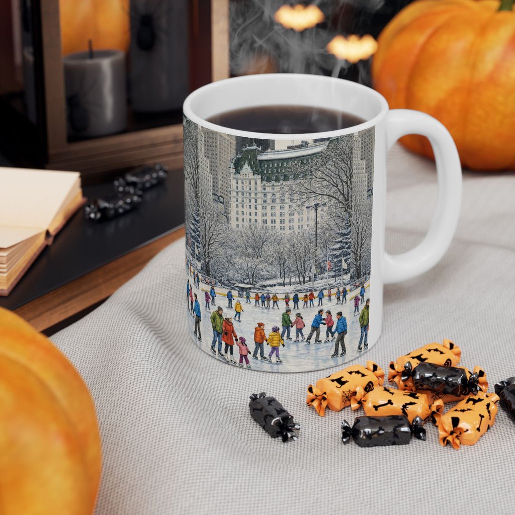 Central Park Wollman Rink Ice Skating Scene Mug | NYC The Plaza Winter Ceramic Coffee Cup