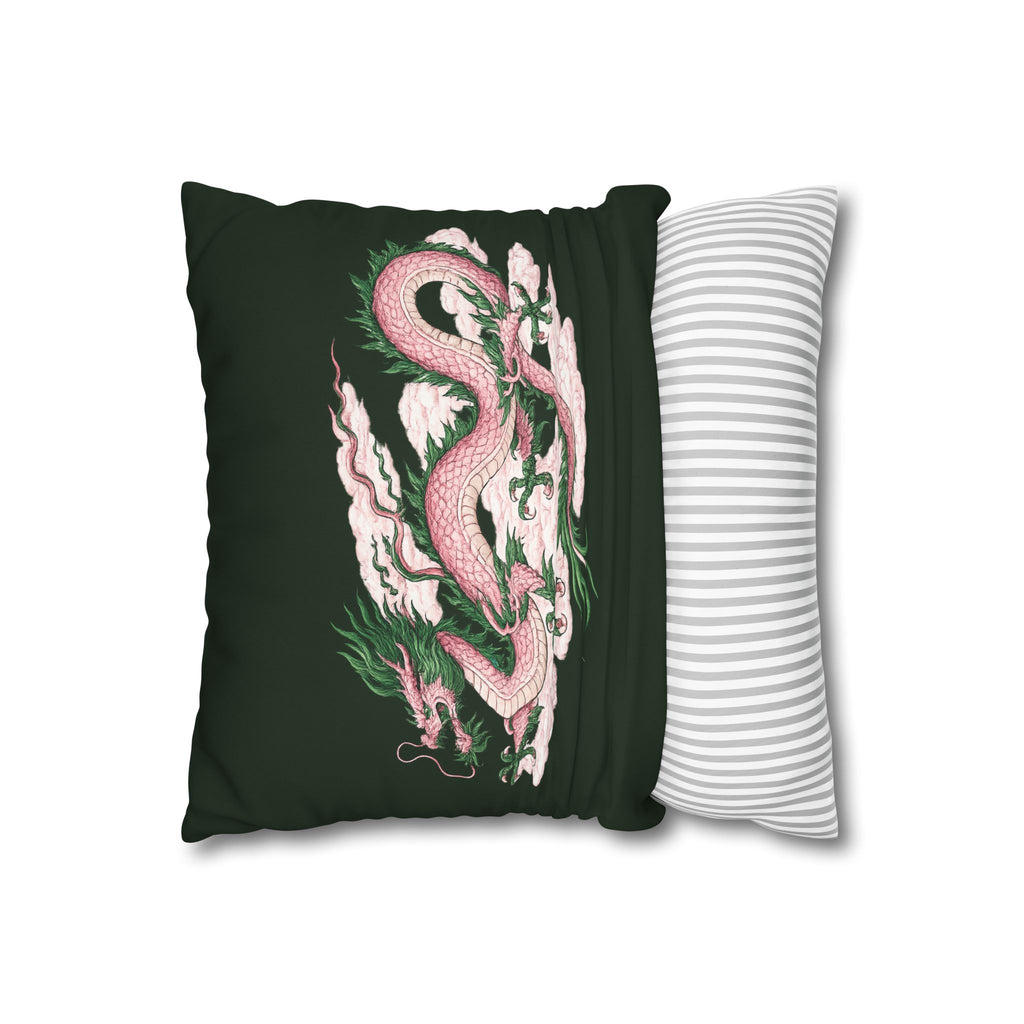 Chinatown Pink Dragon Square 16" x 16" Pillowcase – Dark Green Decorative Throw Pillow Cover (Pillow Not Included)