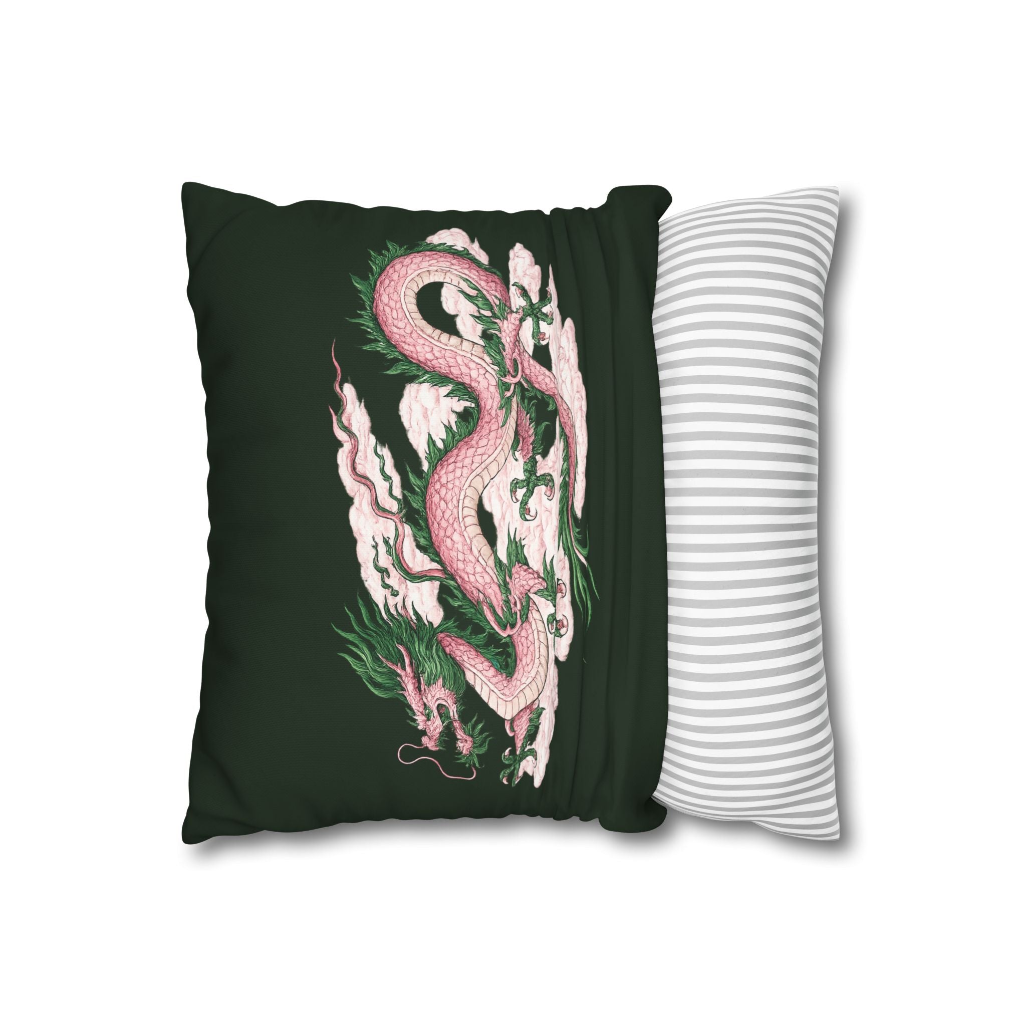 Chinatown Pink Dragon Square 16" x 16" Pillowcase – Dark Green Decorative Throw Pillow Cover (Pillow Not Included)