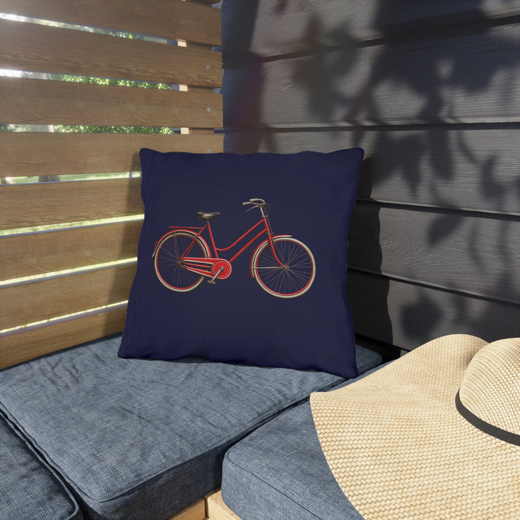 Red Bicycle Navy Outdoor Pillow  – Cozy Hamptons Patio Throw Cushion