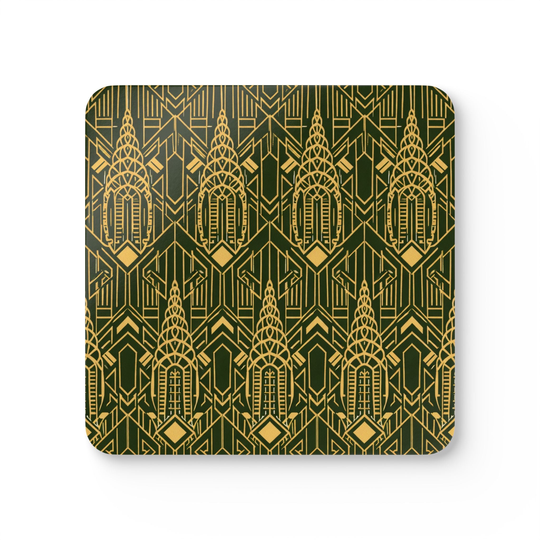 Art Deco Chrysler Building Gold & Green Cork Coaster Set — Geometric Cocktail Coasters (4-Pack)