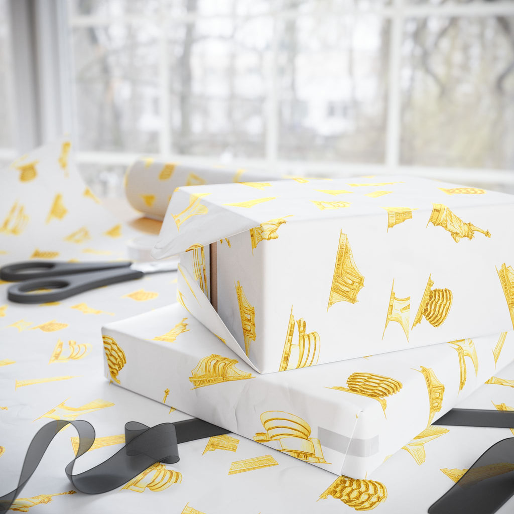 Gold NYC Landmarks on White Gift Wrap Paper | New York Statue of Liberty Oculus Vessel Brooklyn Bridge Guggenheim Wrapping Paper Roll