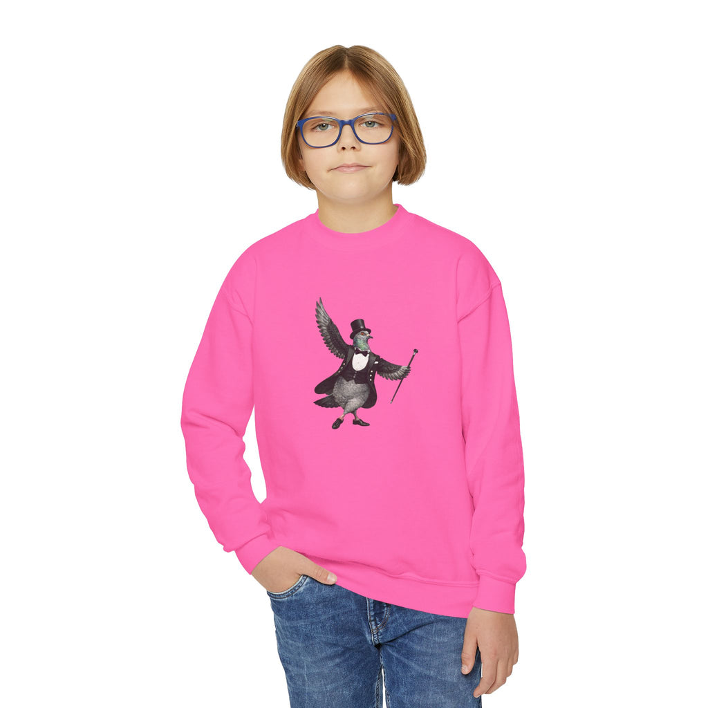 Sudadera de cuello redondo Broadway NYC Pigeon NYC Kids para niños. Suéter para niños amantes de las aves y el teatro de Nueva York.