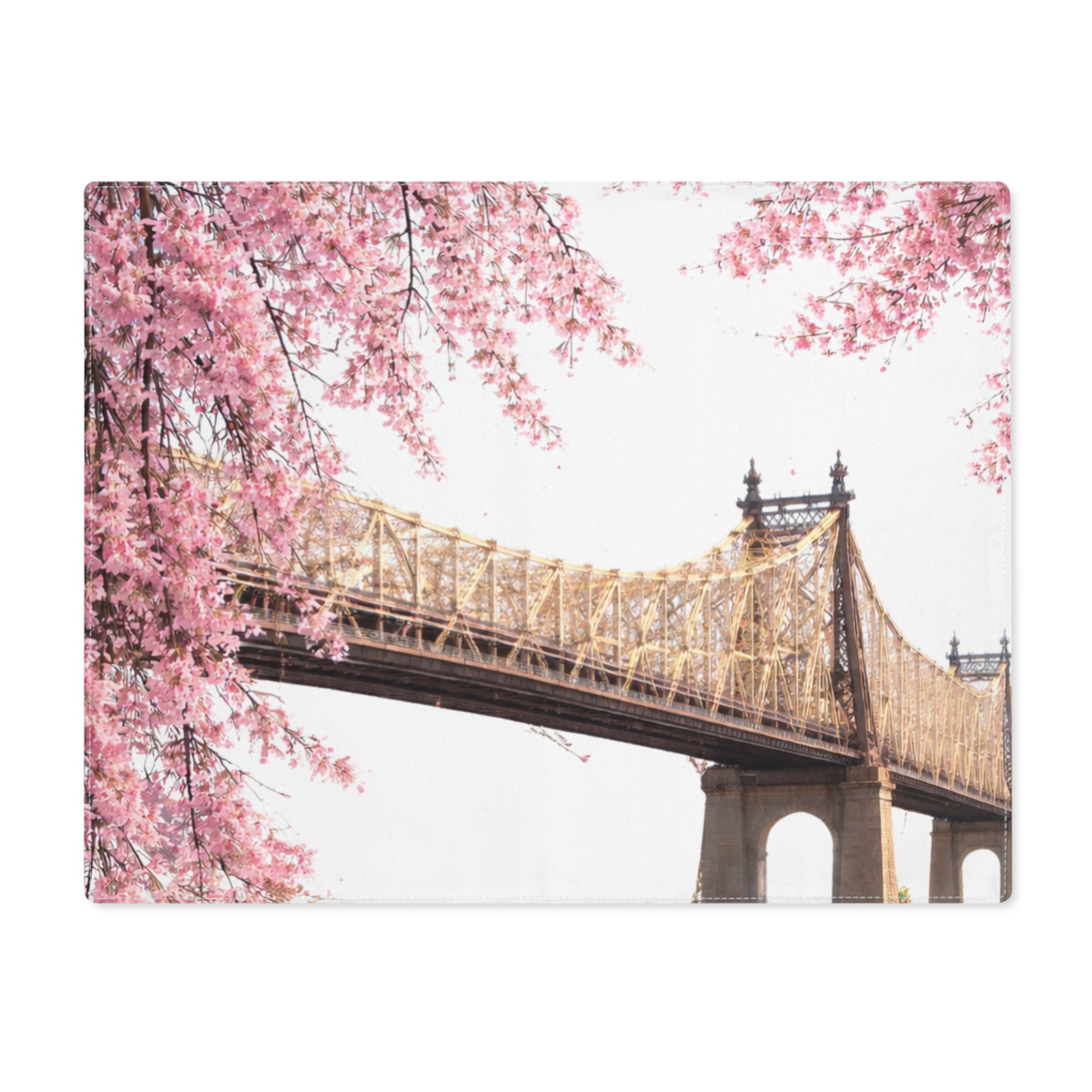 Cherry Blossoms Framing Queensboro Bridge Tabletop Placemat — NYC Roosevelt Island Floral Sakura Table Mat