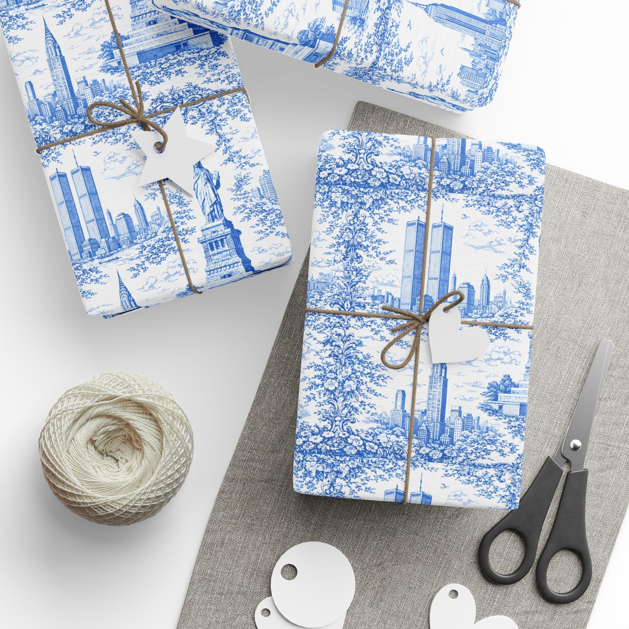 Manhattan NYC Blue Toile Gift Wrapping Papers   Chinoiserie New York City Gift Wrap Empire State Building Twin Towers Statue of Liberty