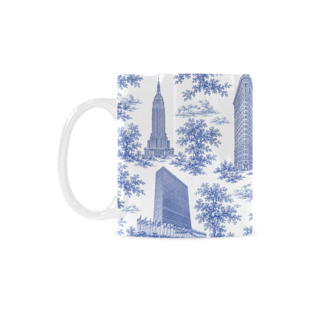 Manhattan Blue Toile de Jouy Mug with Twin Towers | New York City Chinoiserie Ceramic Mug Custom White Mug (11oz)