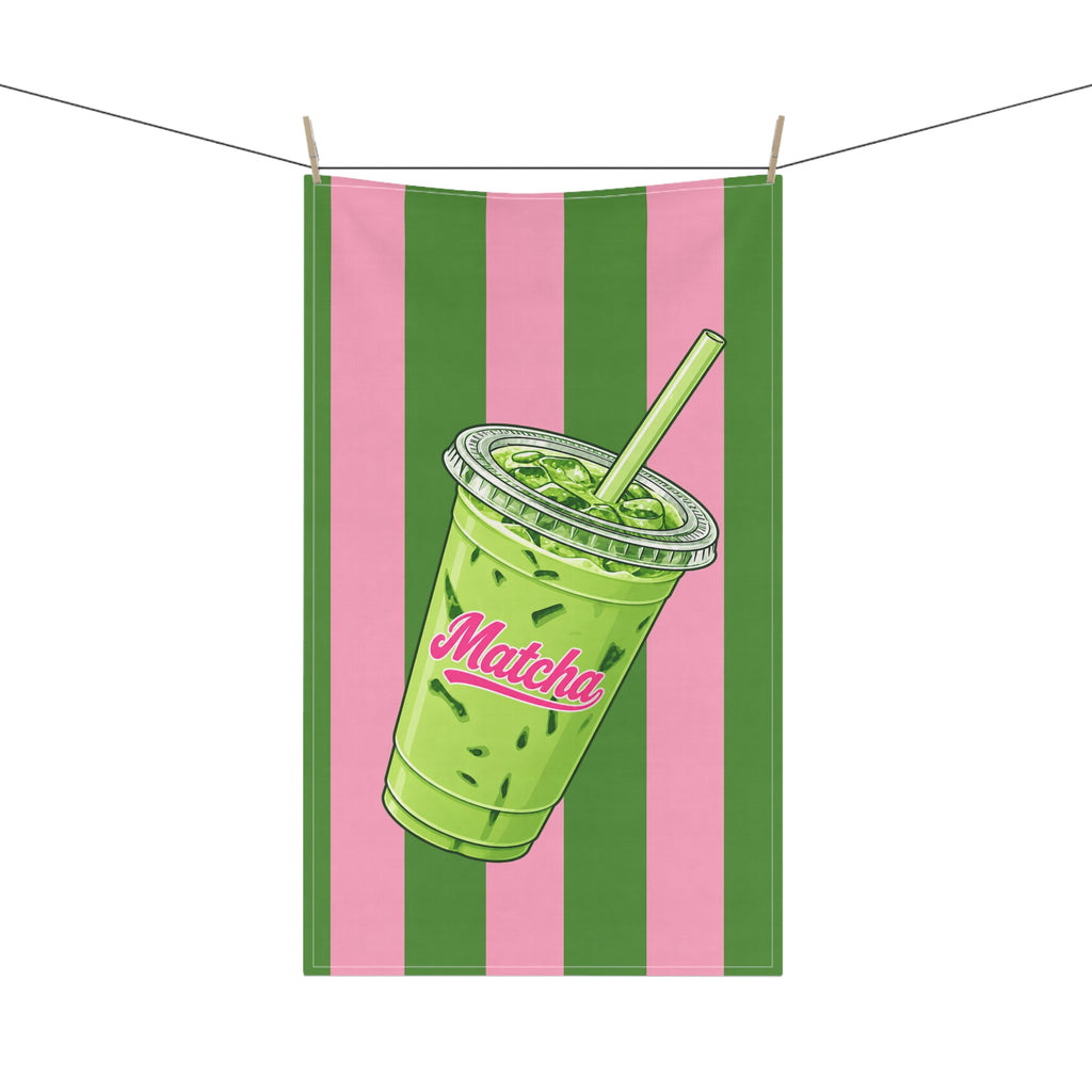 Matcha Drink Tea Towel — Green & Pink Striped Kitchen Towel with 'Matcha' Cup Design Hostess Gift