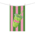 Matcha Drink Tea Towel — Green & Pink Striped Kitchen Towel with 'Matcha' Cup Design Hostess Gift