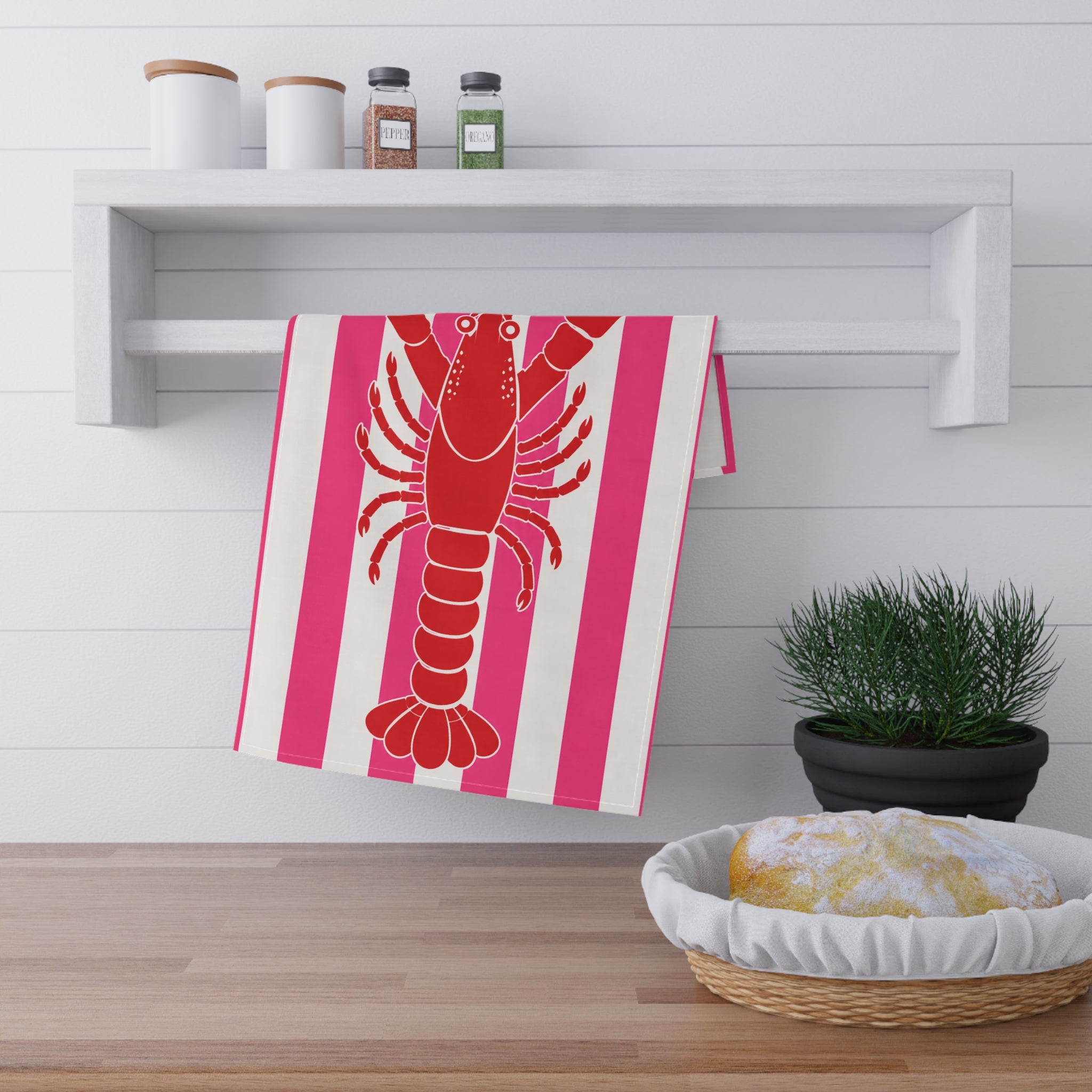 Hamptons Lobster Pink Tea Towel — ink & White Stripes Kitchen Linen