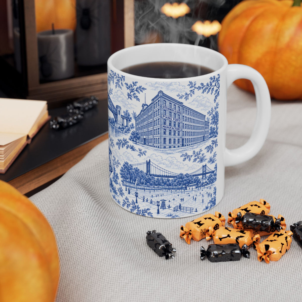 Astoria Blue Toile Cityscape Ceramic Mug — 11oz Decorative Coffee Cup
