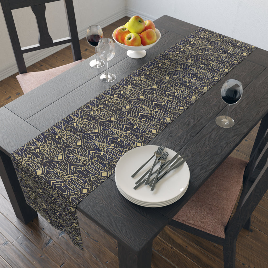Art Deco Chrysler Building Navy & Gold Table Runner — NYC Elegant Geometric Tabletop Dining Decor