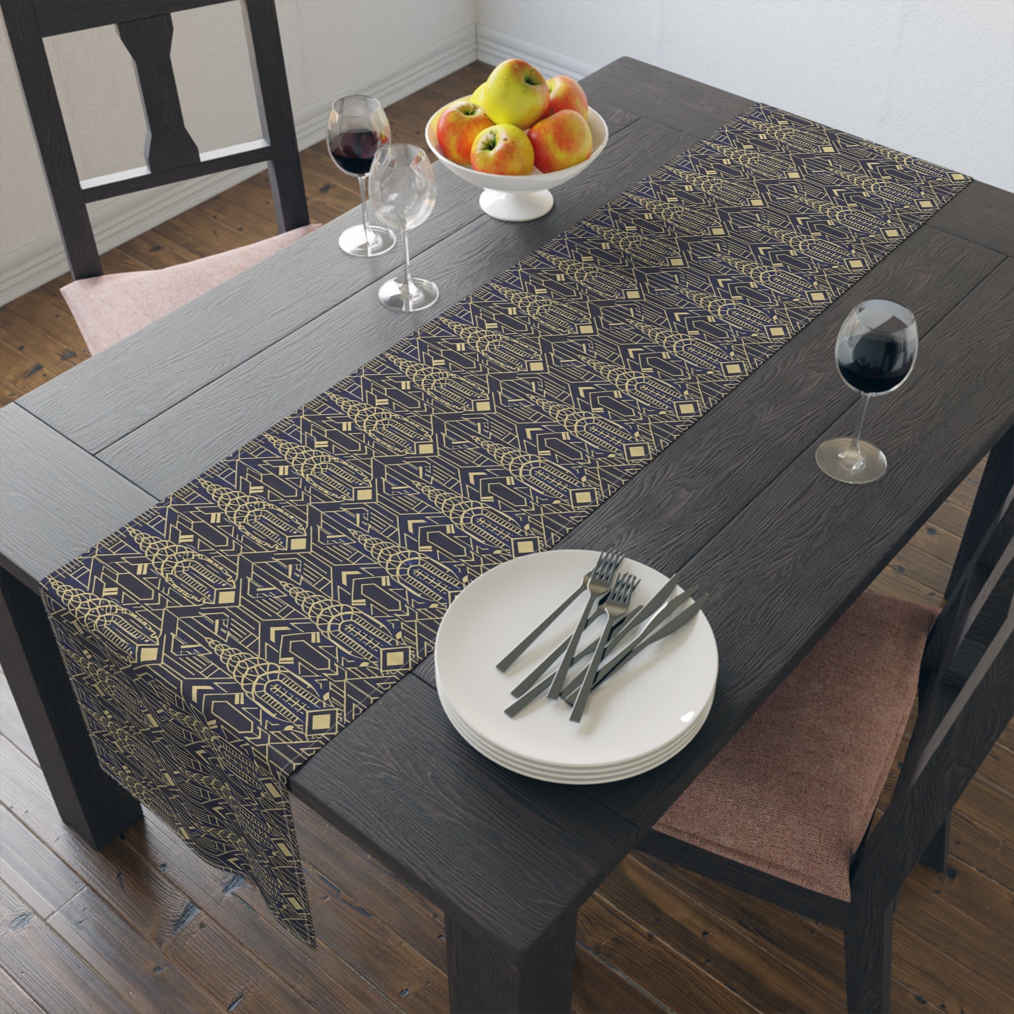 Art Deco Chrysler Building Navy & Gold Table Runner — NYC Elegant Geometric Tabletop Dining Decor
