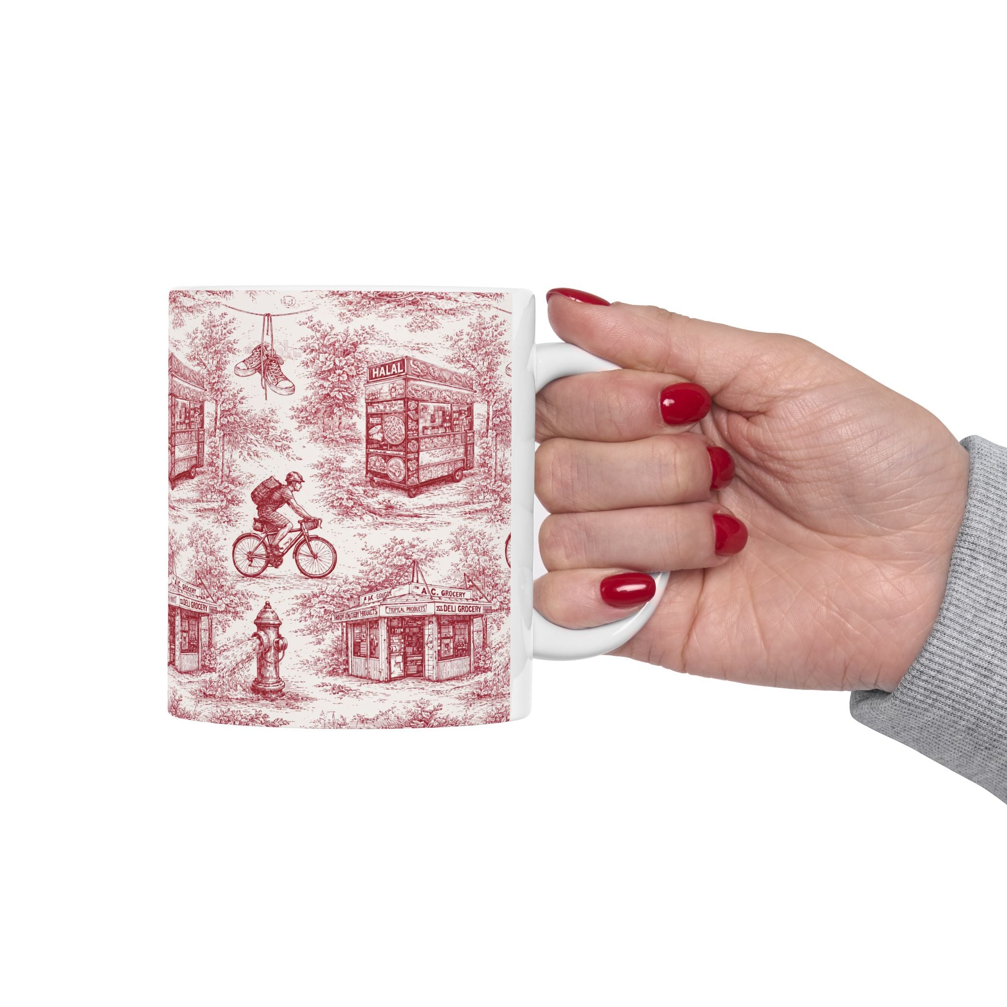 NYC Red and White Toile Mug | Chinoiserie Ceramic Coffee Cup