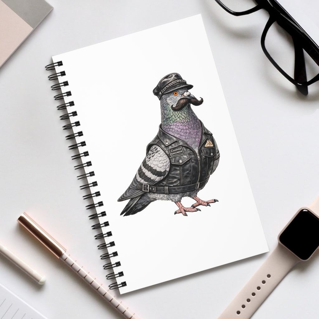 Customizable Chelsea NYC Pigeon Spiral Journal | LGBTQ Black Leather Biker Bird Lovers Notebook