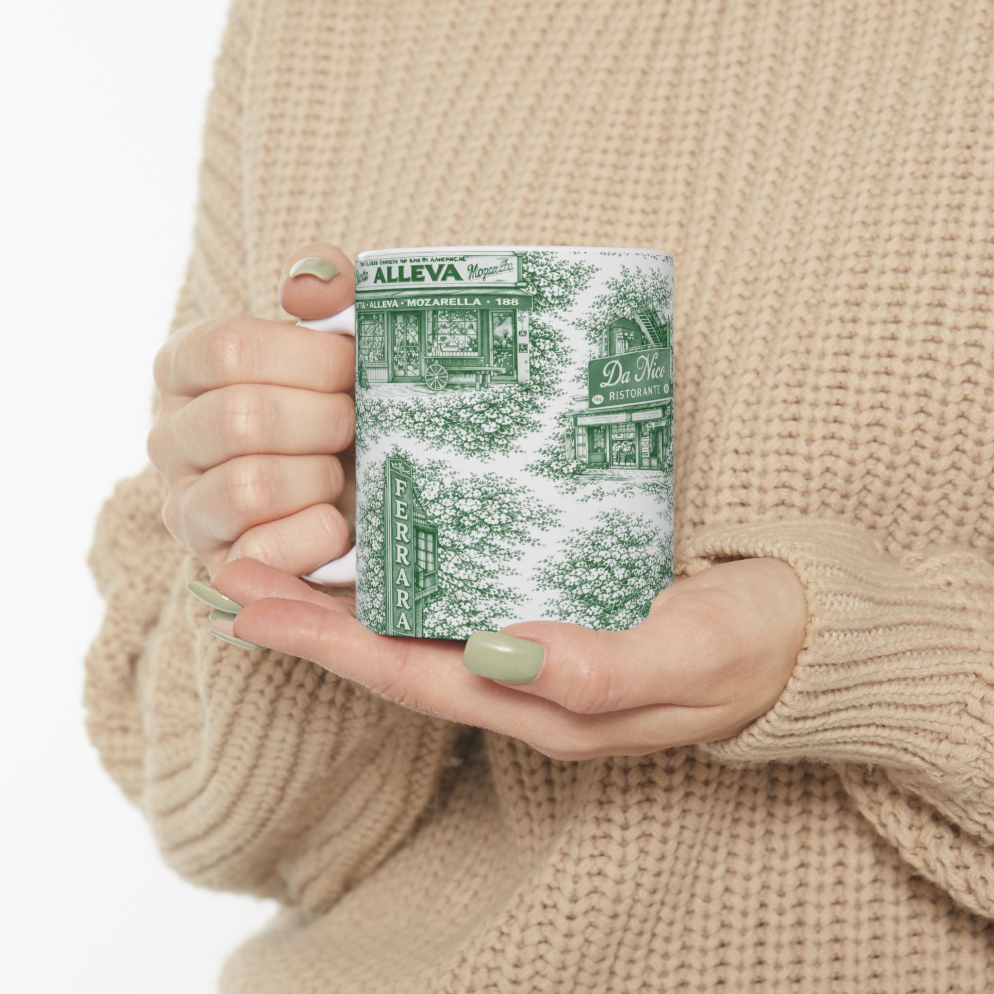 Little Italy Green Toile Cityscape Mug | NYC Chinoiserie Ceramic Coffee Cup