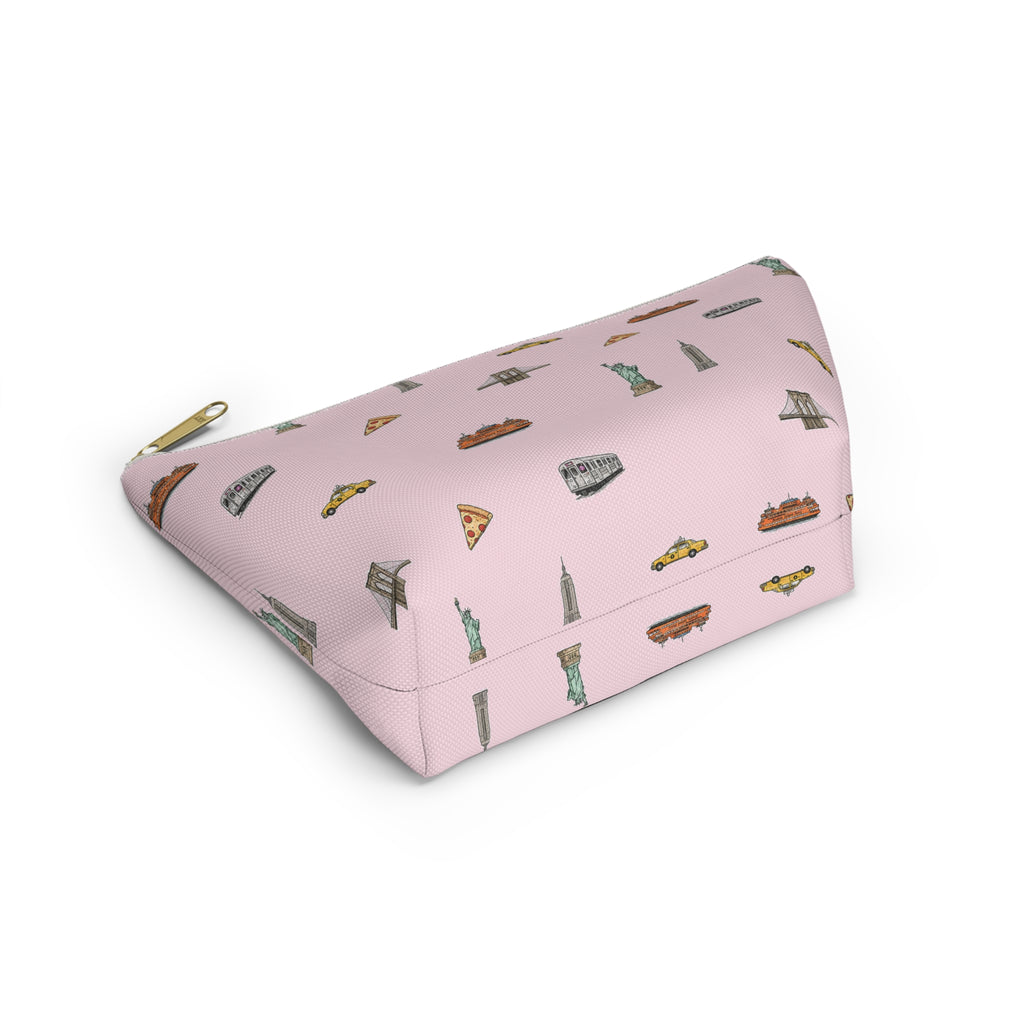 Icons of New York City Pink  Accessory Pouch — T-Bottom Makeup Bag with Statue of Liberty, Taxi & Pizza Pattern