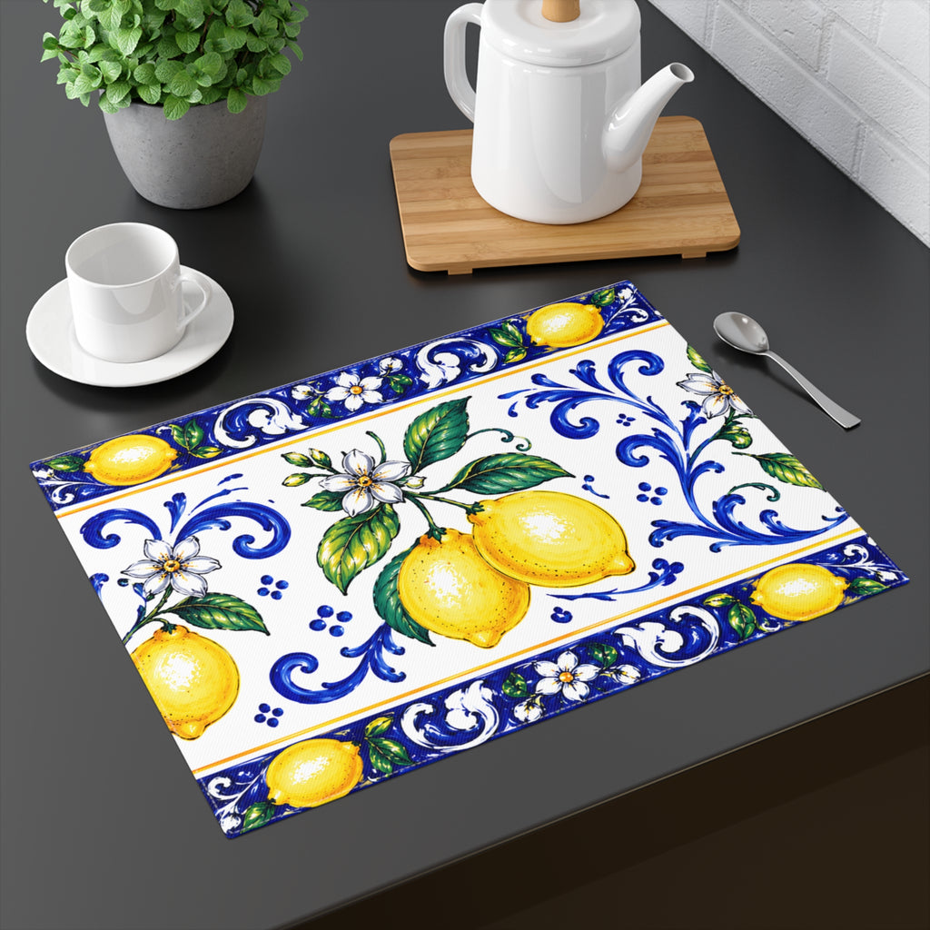 Little Italy Amalfi Blue and White with Lemon Decorative Placemat — Mediterranean Citrus Table Mat