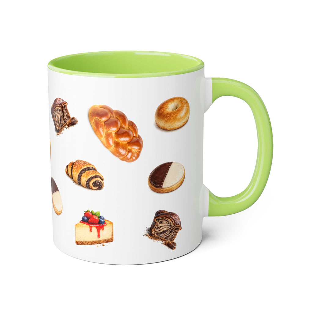 NYC Kosher Bakery Pattern Mug | Babka Cheesecake Rugelach Black + White Cookie Challah Bagel 11oz Ceramic Coffee Cup