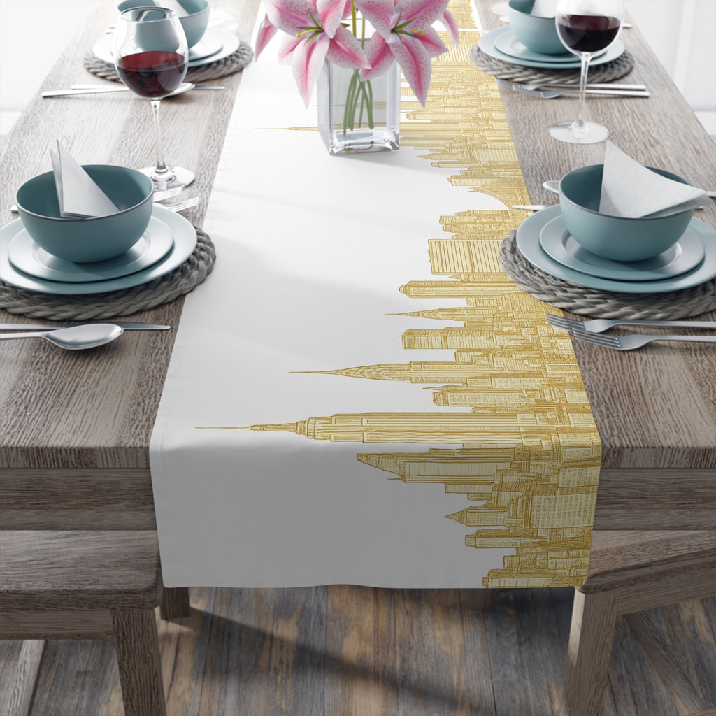 Gold Midtown New York City Skyline Table Runner — NYC Manhattan Cityscape Table Decor for Modern Dining