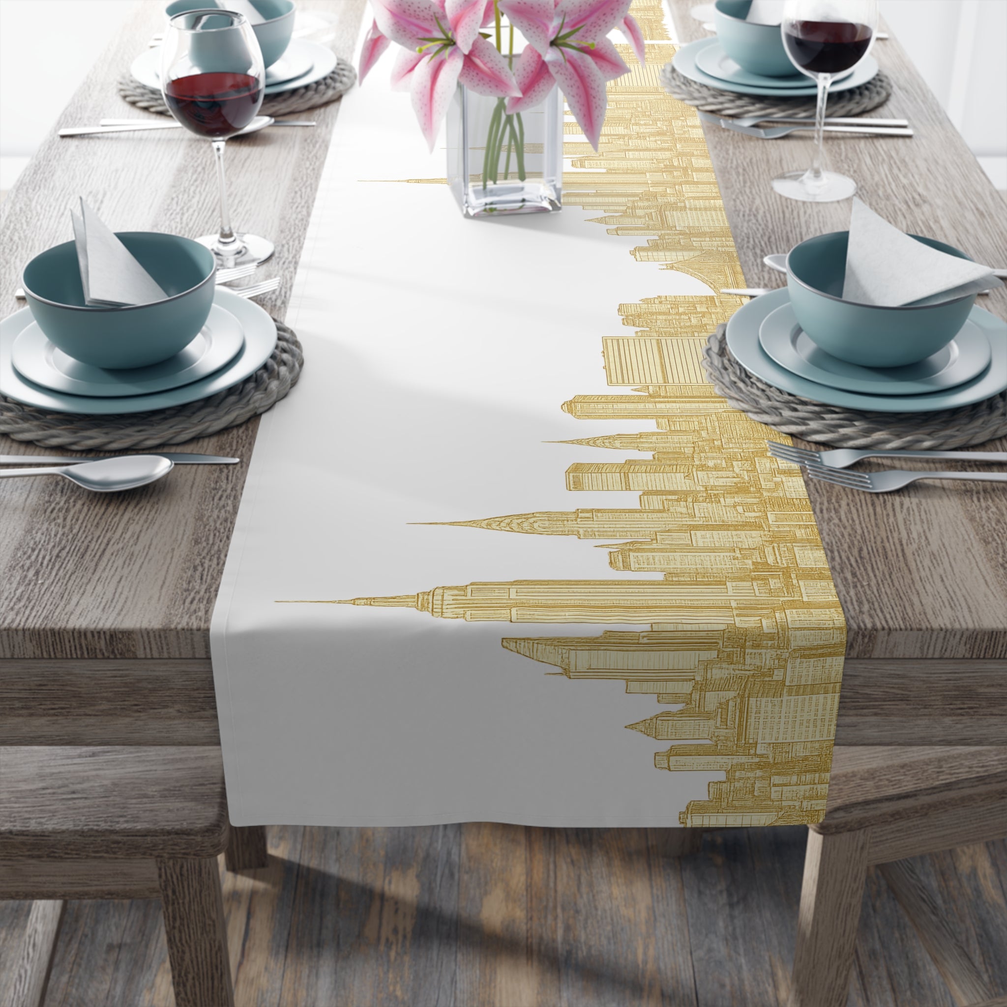 Gold New York City Skyline Table Runner — NYC Manhattan Cityscape Table Decor for Modern Dining